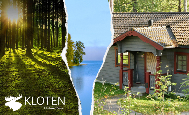 Bild på stuga i Kloten och skog. Reva i bitten av bilden och bakom uppenbarar sig en sjö en solig sommardag.